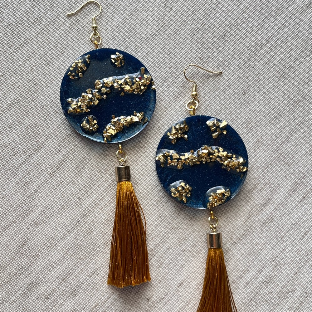 Navy + Gold Tassel Earrings - Resin